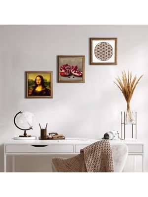 Pinecone Stone Yaşam Çiçeği, Leonardo da Vinci Mona Lisa, Nar Ahşap Çerçeveli Taş Duvar Tablosu 3’lü Set – 25x25 cm Dekoratif Modern Sanat – Ev ve Ofis Dekoru |W3-1424|