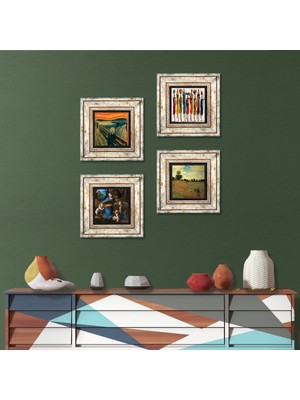 Pinecone Stone Leonardo da Vinci, Claude Monet, Çığlık, Yerli Kadınlar Çerçeveli Taş Duvar Tablosu 4’lü Set - Dekoratif Modern Sanat, Ev ve Ofis Dekoru |TK4-1691|