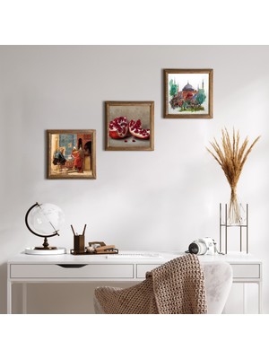 Pinecone Stone İstanbul Ayasofya, Satranç Oyunu, Nar Ahşap Çerçeveli Taş Duvar Tablosu 3’lü Set – 25x25 cm Dekoratif Modern Sanat – Ev ve Ofis Dekoru |W3-1599|