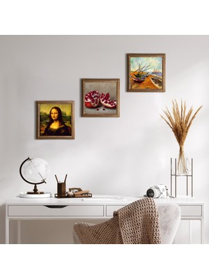 Pinecone Stone Van Gogh Balıkçı Tekneleri, Da Vinci Mona Lisa, Nar Ahşap Çerçeveli Taş Duvar Tablosu 3’lü Set – 25x25 cm Dekoratif Modern Sanat – Ev ve Ofis Dekoru |W3-1449|