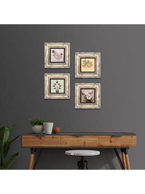 Pinecone Stone Gül, Vintage Çiçek, Lale, Kelebekli Çiçek Çerçeveli Taş Duvar Tablosu 4’lü Set - Dekoratif Modern Sanat, Ev ve Ofis Dekoru |TK4-1869|