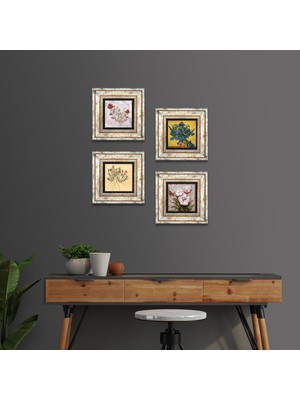 Pinecone Stone Van Gogh Süsenler, Vintage Çiçek, Kelebekli Çiçek, Gül Çerçeveli Taş Duvar Tablosu 4’lü Set - Dekoratif Modern Sanat, Ev ve Ofis Dekoru |TK4-1882|