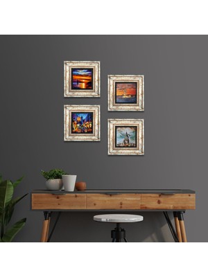 Pinecone Stone Deniz, Sokak Manzarası, İstanbul Galata Kulesi, Kız Kulesi Çerçeveli Taş Duvar Tablosu 4’lü Set - Dekoratif Modern Sanat, Ev ve Ofis Dekoru |TK4-1888|