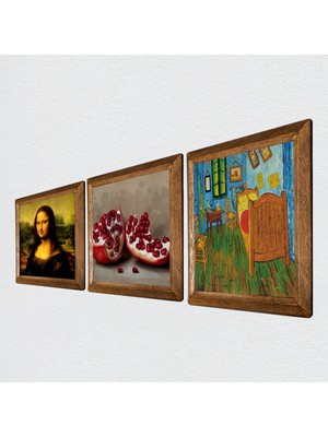 Pinecone Van Gogh Yatak Odası, Leonardo da Vinci Mona Lisa, Nar Taş Duvar Tablosu Ahşap Çerçeveli Duvar Dekoru 3 Parça Tablo Seti Wall Art W3-1451