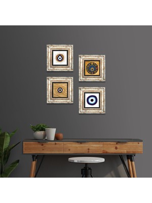 Pinecone Stone Nazar Çerçeveli Taş Duvar Tablosu 4’lü Set - Dekoratif Modern Sanat, Ev ve Ofis Dekoru |TK4-1858|