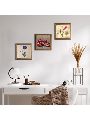 Pinecone Stone Ebru Sanatı, Lale, Nar Ahşap Çerçeveli Taş Duvar Tablosu 3’lü Set – 25x25 cm Dekoratif Modern Sanat – Ev ve Ofis Dekoru |W3-1626|