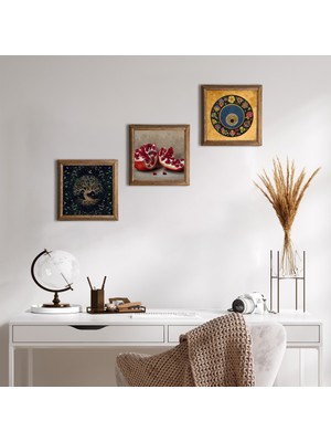Pinecone Stone Hayat Ağacı, Nazar, Nar Ahşap Çerçeveli Taş Duvar Tablosu 3’lü Set – 25x25 cm Dekoratif Modern Sanat – Ev ve Ofis Dekoru |W3-1603|