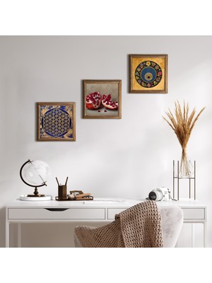 Pinecone Stone Yaşam Çiçeği, Nazar Boncuğu, Nar Ahşap Çerçeveli Taş Duvar Tablosu 3’lü Set – 25x25 cm Dekoratif Modern Sanat – Ev ve Ofis Dekoru |W3-1604|