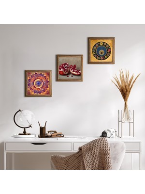 Pinecone Stone Mandala, Nazar, Nar Ahşap Çerçeveli Taş Duvar Tablosu 3’lü Set – 25x25 cm Dekoratif Modern Sanat – Ev ve Ofis Dekoru |W3-1616|