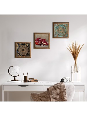 Pinecone Stone Sri Yantra, Yaşam Çiçeği, Nar Ahşap Çerçeveli Taş Duvar Tablosu 3’lü Set – 25x25 cm Dekoratif Modern Sanat – Ev ve Ofis Dekoru |W3-1653|