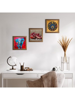 Pinecone Stone Fil, Nazar, Nar Ahşap Çerçeveli Taş Duvar Tablosu 3’lü Set – 25x25 cm Dekoratif Modern Sanat – Ev ve Ofis Dekoru |W3-1614|