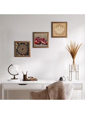 Pinecone Stone Sri Yantra, Lotus Çiçeği, Nar Ahşap Çerçeveli Taş Duvar Tablosu 3’lü Set – 25x25 cm Dekoratif Modern Sanat – Ev ve Ofis Dekoru |W3-1645|