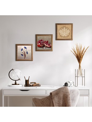 Pinecone Stone Ebru Sanatı, Lotus Çiçeği, Nar Ahşap Çerçeveli Taş Duvar Tablosu 3’lü Set – 25x25 cm Dekoratif Modern Sanat – Ev ve Ofis Dekoru |W3-1648|
