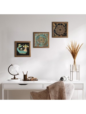 Pinecone Stone Mandala, Sri Yantra, Şahmeran Ahşap Çerçeveli Taş Duvar Tablosu 3’lü Set – 25x25 cm Dekoratif Modern Sanat – Ev ve Ofis Dekoru |W3-456|