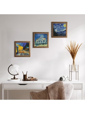 Pinecone Stone Van Gogh Kilise, Kafe Terasta Gece, Yıldızlı Gece Ahşap Çerçeveli Taş Duvar Tablosu 3’lü Set – 25x25 cm Dekoratif Modern Sanat – Ev ve Ofis Dekoru |W3-480|