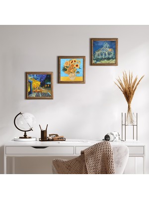 Pinecone Stone Van Gogh Kilise, Kafe Terasta Gece, On İki Ayçiçekli Vazo Ahşap Çerçeveli Taş Duvar Tablosu 3’lü Set – 25x25 cm Dekoratif Modern Sanat – Ev ve Ofis Dekoru |W3-482|