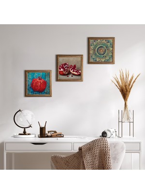 Pinecone Stone Mandala, Nar Ahşap Çerçeveli Taş Duvar Tablosu 3’lü Set – 25x25 cm Dekoratif Modern Sanat – Ev ve Ofis Dekoru |W3-835|