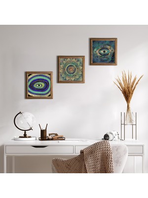 Pinecone Stone Mandala, Nazar Ahşap Çerçeveli Taş Duvar Tablosu 3’lü Set – 25x25 cm Dekoratif Modern Sanat – Ev ve Ofis Dekoru |W3-64|