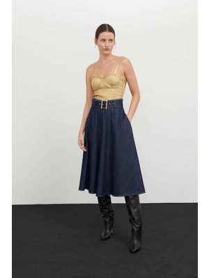 ROMAN Kemerli Denim Etek Lacivert K2415011_015