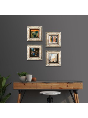 Pinecone Stone Salvador Dalí, Leonardo da Vinci, Çığlık, Yerli Kadınlar Çerçeveli Taş Duvar Tablosu 4’lü Set - Dekoratif Modern Sanat, Ev ve Ofis Dekoru |TK4-1708|