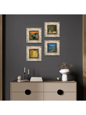 Pinecone Stone Van Gogh, Gustav Klimt, Claude Monet, Çığlık Çerçeveli Taş Duvar Tablosu 4’lü Set - Dekoratif Modern Sanat, Ev ve Ofis Dekoru |TK4-1112|