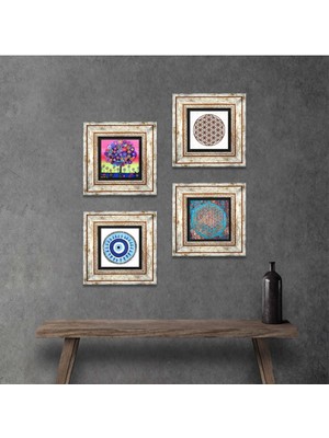 Pinecone Stone Nazar, Yaşam Çiçeği, Hayat Ağacı Çerçeveli Taş Duvar Tablosu 4’lü Set - Dekoratif Modern Sanat, Ev ve Ofis Dekoru |TK4-834|