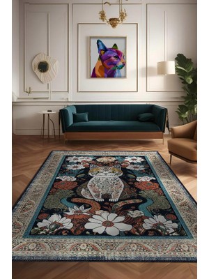 Homshtag Nuh'un Gemisi Koleksiyonu Kedi, Çiçek Desenli Art Deco Tarzı Vintage Halı,Çok Renkli Maksimalist Halı