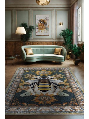 Homshtag Nuh'un Gemisi Koleksiyonu Arı, Çiçek Desenli Art Deco Tarzı Vintage Halı,Çok Renkli Maksimalist Halı