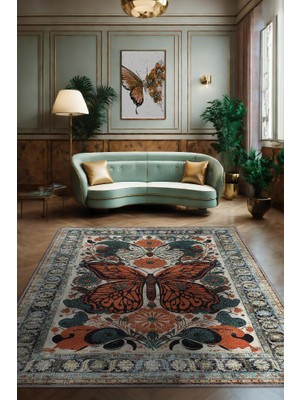 Homshtag Nuh'un Gemisi Koleksiyonu Kelebek, Çiçek Desenli Art Deco Tarzı Vintage Halı,Çok Renkli Maksimalist Halı