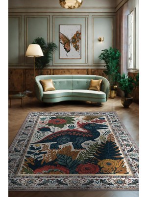 Homshtag Nuh'un Gemisi Koleksiyonu Dinozor, Çiçek Desenli Art Deco Tarzı Vintage Halı,Çok Renkli Maksimalist Halı