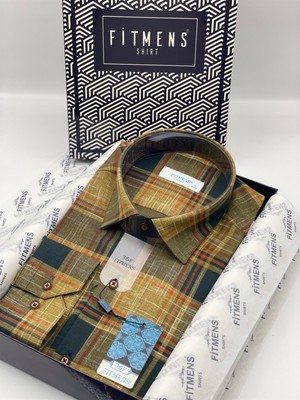 Fitmens Klasik Uzun Kol Kareli Keten Cotton Cepsiz Yaka Düğmeli Erkek Gömlek Hardal