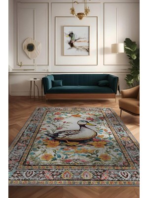 Homshtag Nuh'un Gemisi Koleksiyonu Ördek, Çiçek Desenli Art Deco Tarzı Vintage Halı,Çok Renkli Maksimalist Halı