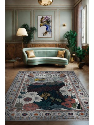 Homshtag Nuh'un Gemisi Koleksiyonu Kartal, Çiçek Desenli Art Deco Tarzı Vintage Halı,Çok Renkli Maksimalist Halı