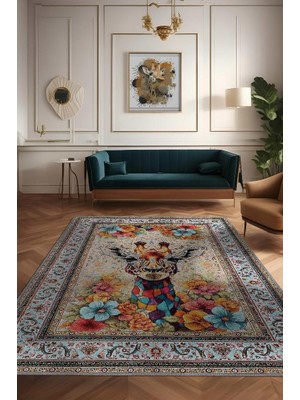 Homshtag Nuh'un Gemisi Koleksiyonu Zürafa, Çiçek Desenli Art Deco Tarzı Vintage Halı,Çok Renkli Maksimalist Halı