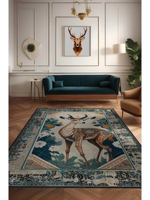 Homshtag Nuh'un Gemisi Koleksiyonu Ceylan, Çiçek Desenli Art Deco Tarzı Vintage Halı,Çok Renkli Maksimalist Halı