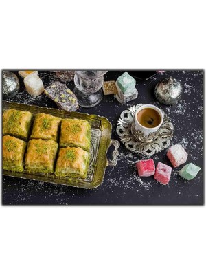 Tablo Dekor Antep Fıstıklı Baklava ve Lokum Eşliğinde Türk Kahvesi Kanvas Tablo