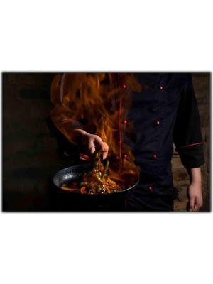 Tablo Dekor Alevli Tavadaki Yemek ve Aşçı Kanvas Tablo