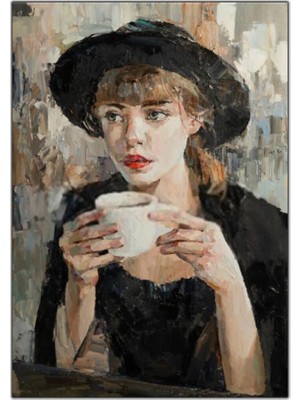 Tablo Dekor Bir Fincan Kahve Ile Siyah Şapkalı Kadın Kanvas Tablo