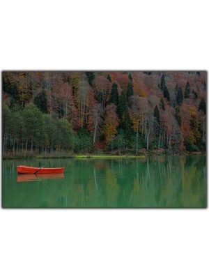 Tablo Dekor Ağaçlar Göl ve Kırmızı Sandal Kanvas Tablo