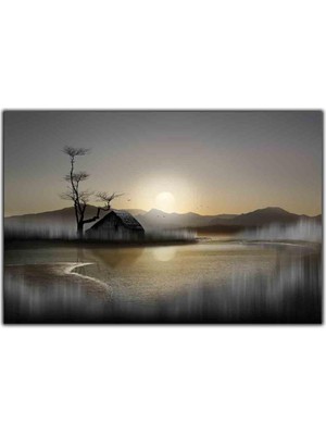Tablo Dekor Gün Batımı Ev ve Ağaç Kanvas Tablo