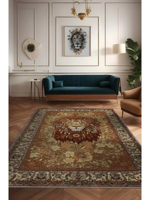 Homshtag Nuh'un Gemisi Koleksiyonu Aslan, Çiçek Desenli Art Deco Tarzı Vintage Halı,Çok Renkli Maksimalist Halı