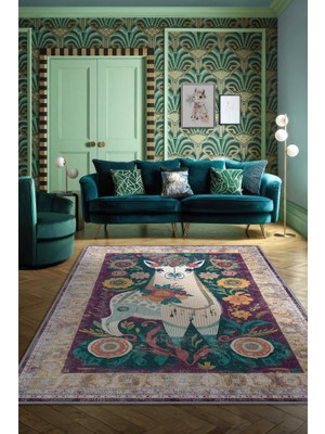 Homshtag Nuh'un Gemisi Koleksiyonu Lama, Çiçek Desenli Art Deco Tarzı Vintage Halı,Çok Renkli Maksimalist Halı