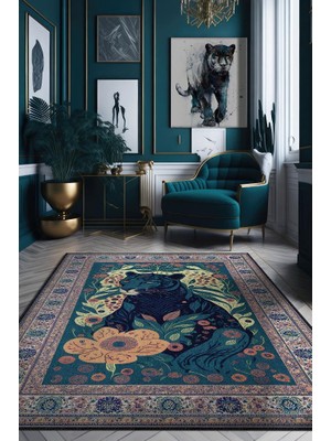 Homshtag Nuh'un Gemisi Koleksiyonu Panter, Çiçek Desenli Art Deco Tarzı Vintage Halı,Çok Renkli Maksimalist Halı