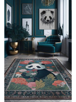 Homshtag Nuh'un Gemisi Koleksiyonu Panda, Çiçek Desenli Art Deco Tarzı Vintage Halı,Çok Renkli Maksimalist Halı