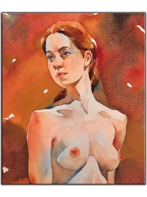 Tablo Dekor Kızıl Saçlı Kadın Nü Suluboya Görünümlü Kanvas Tablo