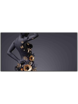 Tablo Dekor Siyah Kadın ve Altın Renkli Çiçekler Kanvas Tablo