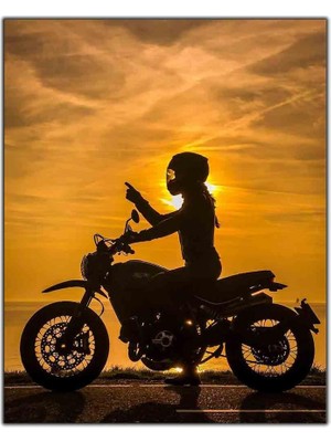 Tablo Dekor Gün Batımındaki Kadın Motorcu Kanvas Tablo