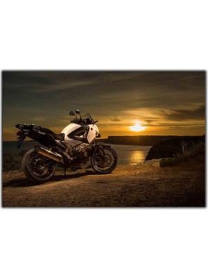 Tablo Dekor Gün Batımına Karşı Beyaz Honda Motosiklet Kanvas Tablo
