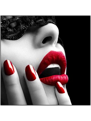 Tablo Dekor Kırmızı Rujlu ve Ojeli Maskeli Kadın Kanvas Tablo