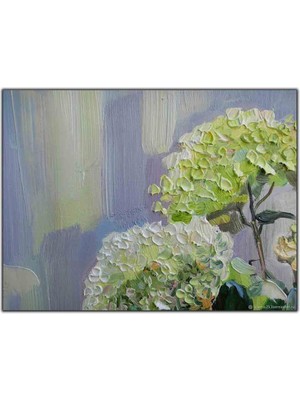 Tablo Dekor Yeşil ve Beyaz Çiçekler Yağlı Boya Dokulu Tablo